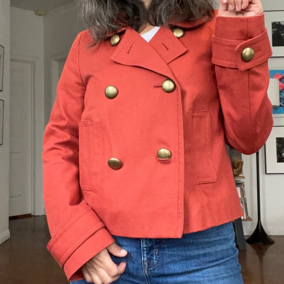 Cropped Denim Orange Peacoat Jacket! - Picture 6 of 13